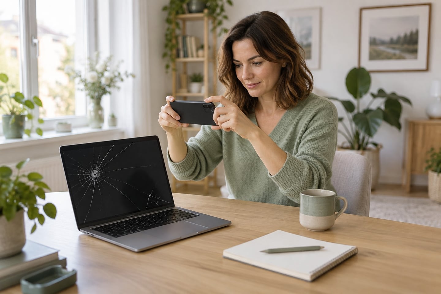 A woman photographs a laptop with a cracked screen at her desk.