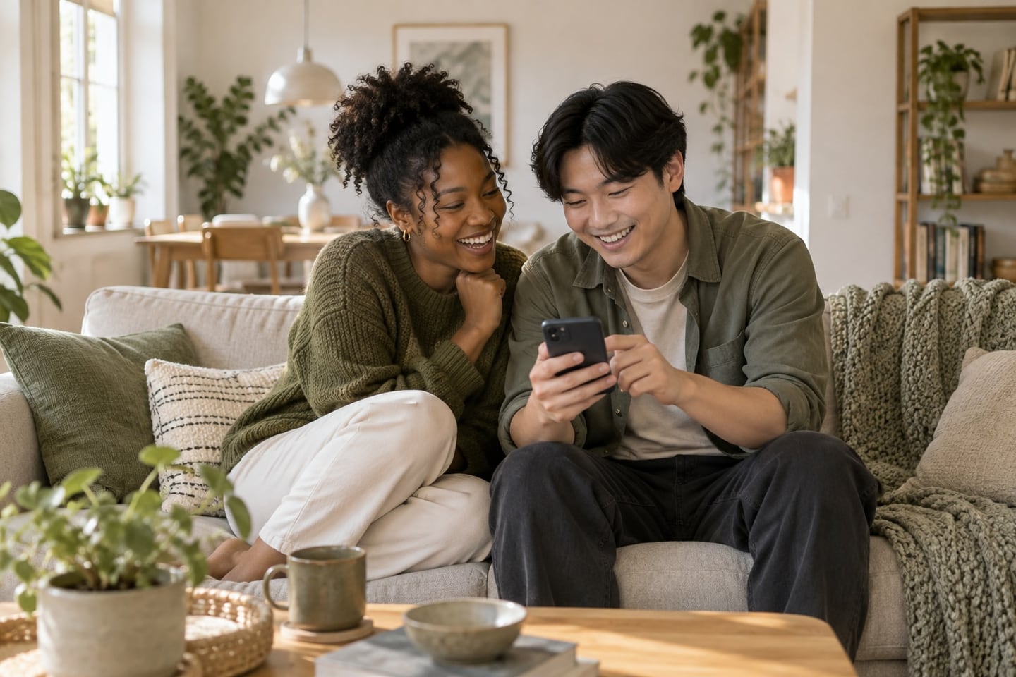Two housemates on a sofa look at one phone together and laugh.