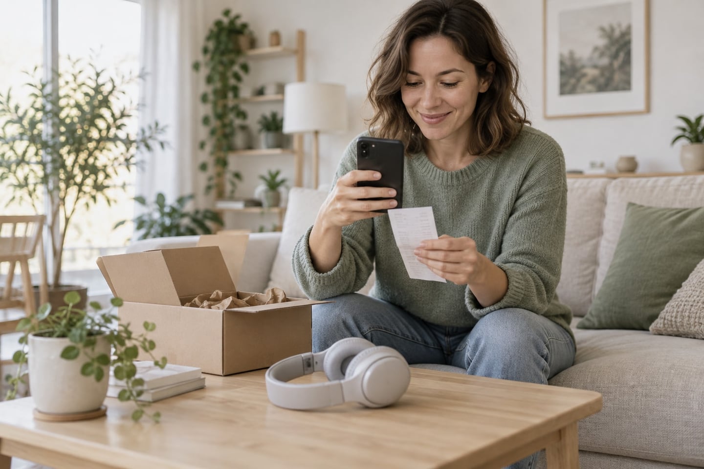 A woman on a sofa photographs a receipt beside new headphones.