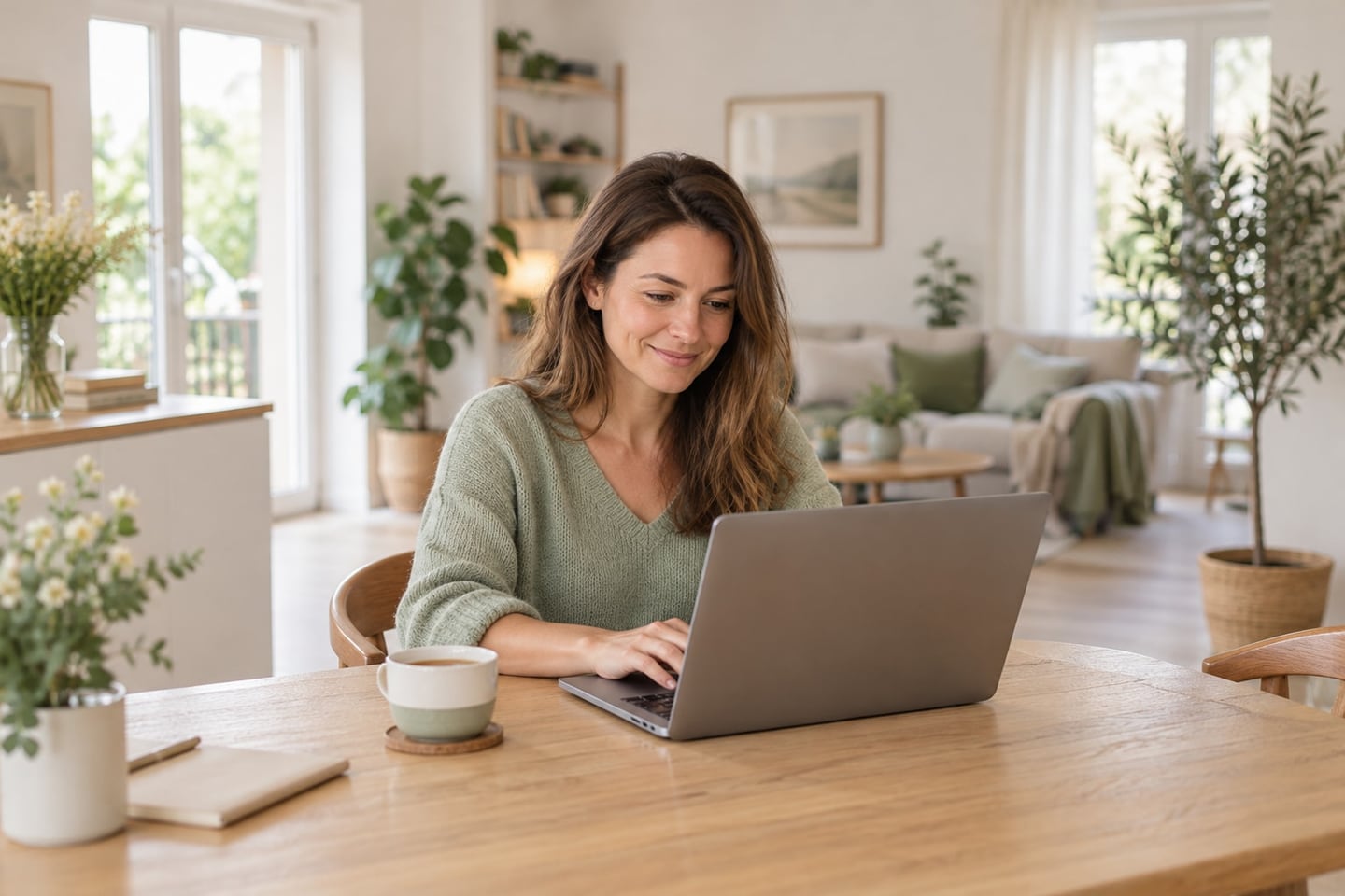 A woman types a message on her laptop at a light oak table at home, a cup of tea beside her.