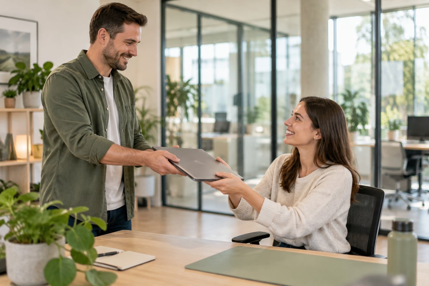 An IT coordinator hands a new laptop to a smiling colleague.