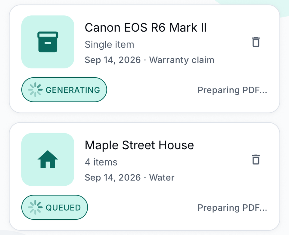 Voorbeeldgegevens: twee claim kits in voorbereiding in de app.