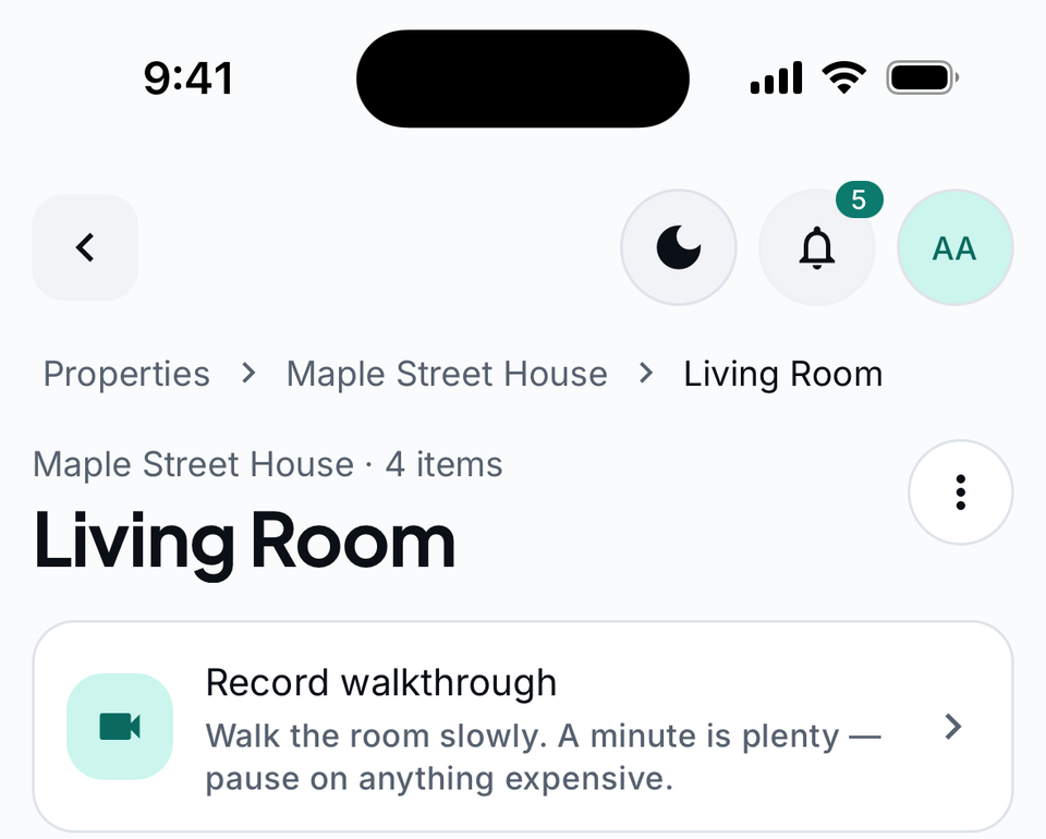 Sample data: a room with its walkthrough video.