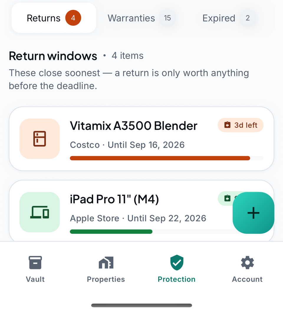 Sample data: the app's Returns list.