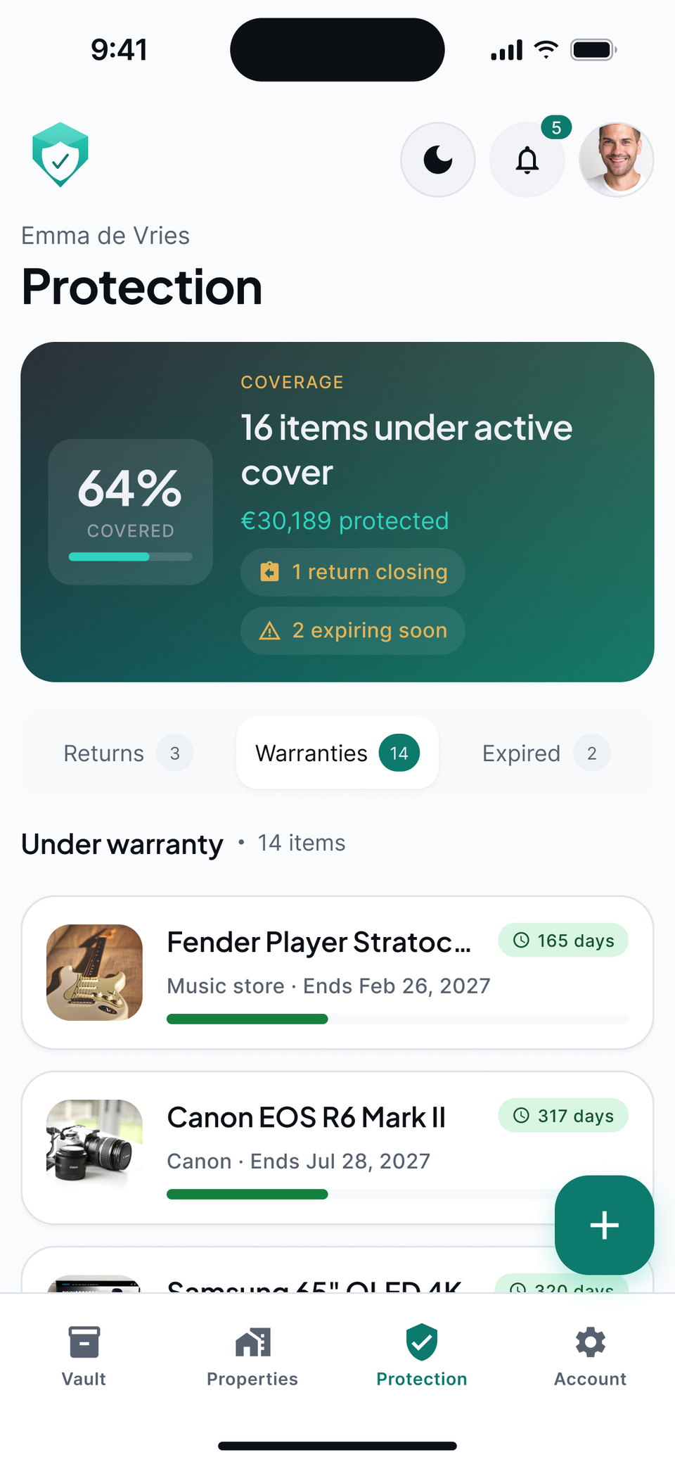 The app's Protection tab listing warranties, sample data.