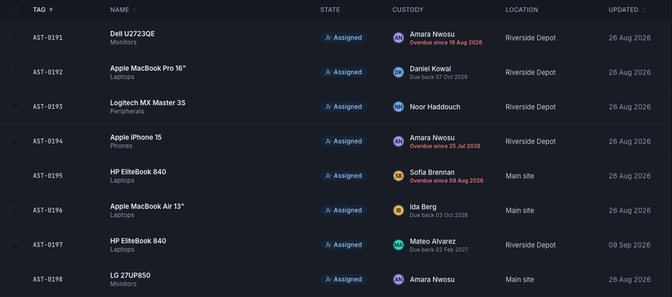 The asset list with tags, states and holders, sample data.