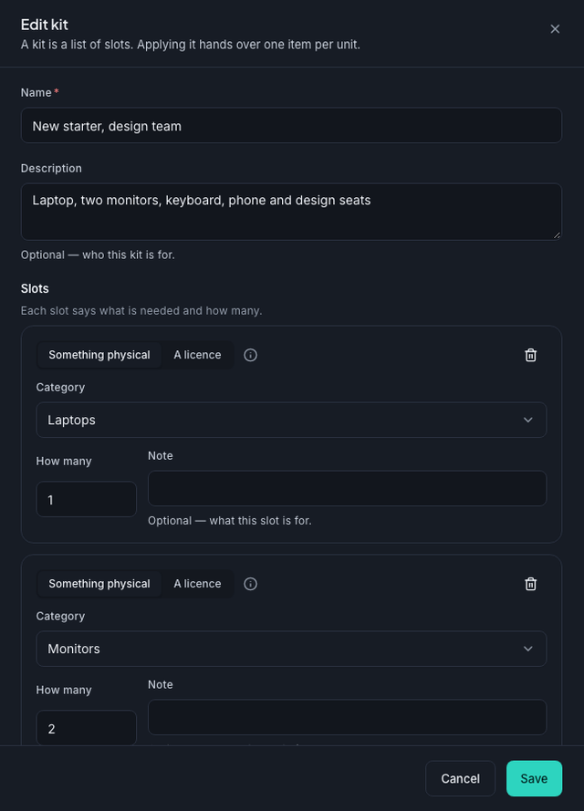 De kiteditor met categorieplekken en licentieseats, voorbeeldgegevens.